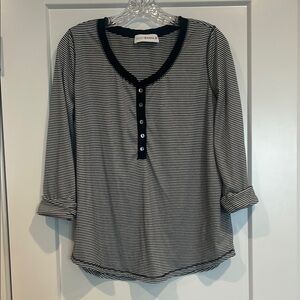 Shop Wanna B Navy and White Striped Henley Top. Size Large.